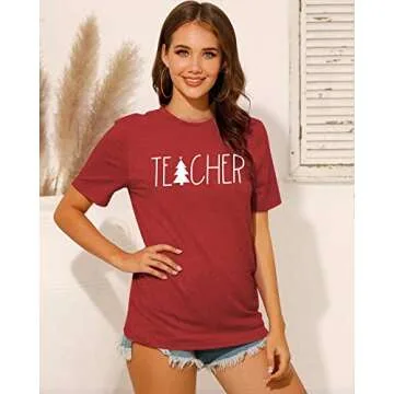 BANGELY Teacher Christmas Shirt Women Cute Tree Graphic Teacher Gift Shirts Short Sleeve Xmas Tops Tees Red
