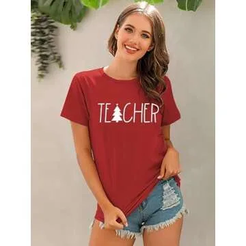 BANGELY Teacher Christmas Shirt Women Cute Tree Graphic Teacher Gift Shirts Short Sleeve Xmas Tops Tees Red