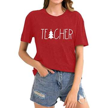BANGELY Teacher Christmas Shirt Women Cute Tree Graphic Teacher Gift Shirts Short Sleeve Xmas Tops Tees Red