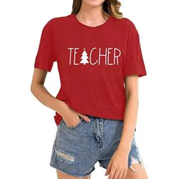 BANGELY Teacher Christmas Shirt Women Cute Tree Graphic Teacher Gift Shirts Short Sleeve Xmas Tops Tees Red