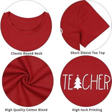 BANGELY Teacher Christmas Shirt Women Cute Tree Graphic Teacher Gift Shirts Short Sleeve Xmas Tops Tees Red