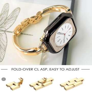 Jullstar Stainless Steel Band Compatible Apple Watch Bracelet Band Women Slim 42mm 44mm 45mm 49mm, Dressy Thin D-shape Metal Jewerly Bangle for iphone watch series ultra 9 8 7 6 5 4 3 2 1 Girl-gold42