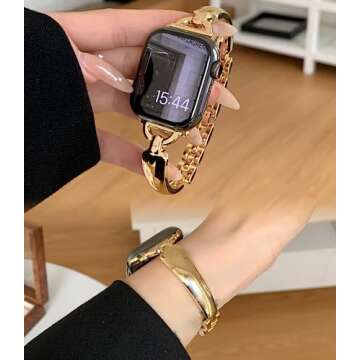 Jullstar Stainless Steel Band Compatible Apple Watch Bracelet Band Women Slim 42mm 44mm 45mm 49mm, Dressy Thin D-shape Metal Jewerly Bangle for iphone watch series ultra 9 8 7 6 5 4 3 2 1 Girl-gold42