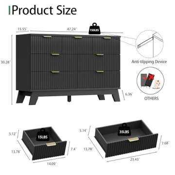 Fluted Dresser for Bedroom with 7 Drawers, 48" Wide Modern Chest of Drawers with Metal Handle, Woode...