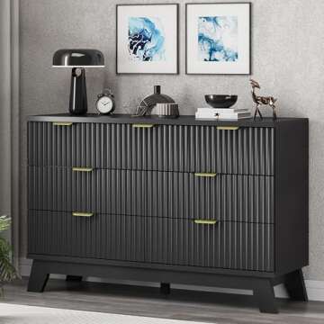 Fluted Dresser for Bedroom with 7 Drawers, 48" Wide Modern Chest of Drawers with Metal Handle, Wooden Dresser TV Stand, Wood Closet Clothes Storage Organizer for Living Room, Hallway, Black