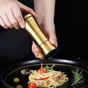 Kyraton Gold Salt and Pepper Shakers, Titanium Plating Stainless Steel Salt and Pepper Grinders Refillable Pepper Grinder, Pepper Mill, Salt Grinder, Salt Shaker, Salt Pepper Shaker Set of 2
