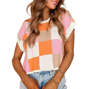Saodimallsu Womens Cap Sleeve Crop Tops - Stylish Summer Color Block Sweater in Vibrant Colors
