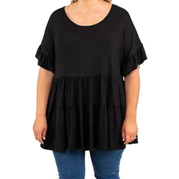Genayge Women's Plus Size Ruffle Tunic Tops Summer Short Sleeve Loose T-Shirt Blouses Black