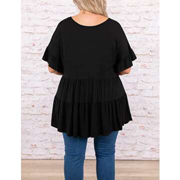 Genayge Women's Plus Size Ruffle Tunic Tops Summer Short Sleeve Loose T-Shirt Blouses Black