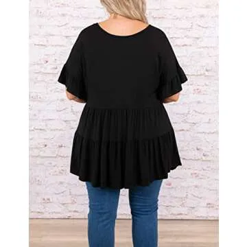 Genayge Women's Plus Size Ruffle Tunic Tops Summer Short Sleeve Loose T-Shirt Blouses Black