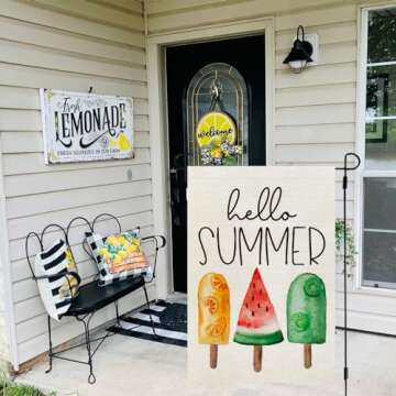 CROWNED BEAUTY Hello Summer Ice Cream Garden Flag 12×18 Inch Double Sided for outside Small Seasonal Holiday Burlap Yard Flag
