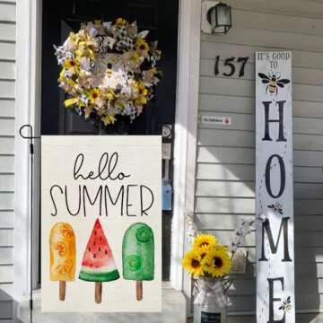 CROWNED BEAUTY Hello Summer Ice Cream Garden Flag 12×18 Inch Double Sided for outside Small Seasonal Holiday Burlap Yard Flag