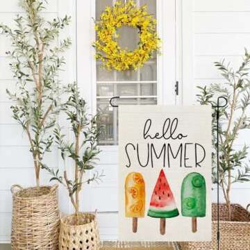 CROWNED BEAUTY Hello Summer Ice Cream Garden Flag 12×18 Inch Double Sided for outside Small Seasonal Holiday Burlap Yard Flag
