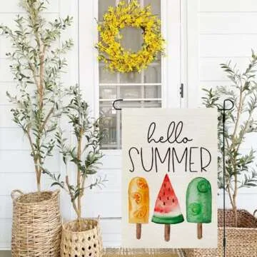 CROWNED BEAUTY Hello Summer Ice Cream Garden Flag 12×18 Inch Double Sided for outside Small Seasonal Holiday Burlap Yard Flag