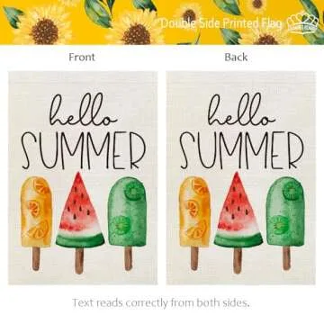 CROWNED BEAUTY Hello Summer Ice Cream Garden Flag 12×18 Inch Double Sided for outside Small Seasonal Holiday Burlap Yard Flag