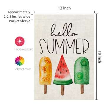 CROWNED BEAUTY Hello Summer Ice Cream Garden Flag 12×18 Inch Double Sided for outside Small Seasonal Holiday Burlap Yard Flag