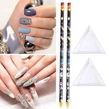 Blulu 10 Pcs Wax Pencil for Rhinestone Nail Point Drill Wax Pen Diamond Art Dotting Pen Self Adhesive Resin Picker Pencil Gem Picker Tool with 5 Pcs Triangular Bead Sorting Plate for Nail DIY Decor