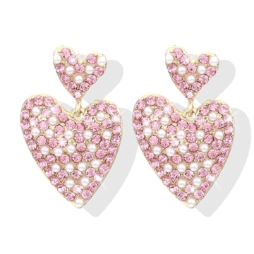 Pink Rhinestone Heart Earrings Valentines Gift for Her