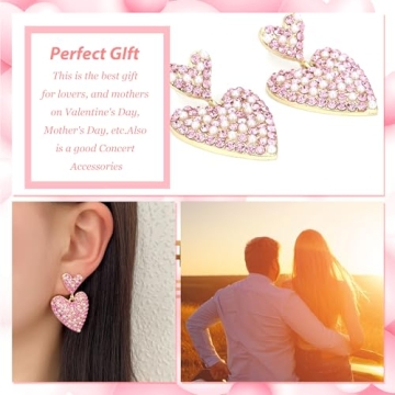 Pink Rhinestone Heart Earrings Valentines Gift for Her