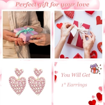 Pink Rhinestone Heart Earrings Valentines Gift for Her
