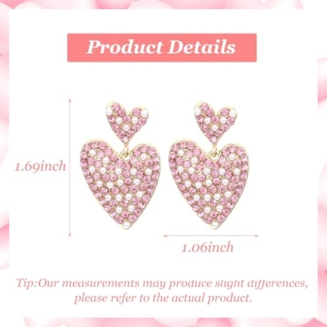 Pink Rhinestone Heart Earrings Valentines Gift for Her