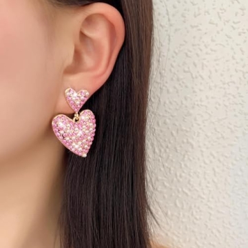 Pink Rhinestone Heart Earrings Valentines Gift for Her