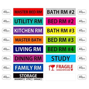 640 Pcs Removable Home Moving Labels 15 Pre-Printed Color-Coded Plus 1 Customizable Blank (Each Measures 4" x 1")