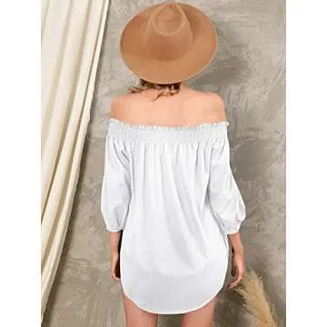 ZANZEA Womens Off Shoulder Summer Blouse Tunic Tops 3/4 Long Sleeve Tie Knot Ladies T-Shirts 01-White Medium