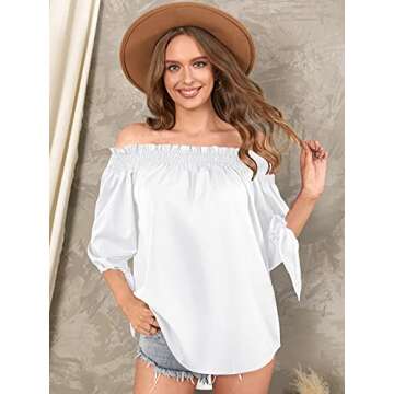 ZANZEA Womens Off Shoulder Summer Blouse Tunic Tops 3/4 Long Sleeve Tie Knot Ladies T-Shirts 01-White Medium