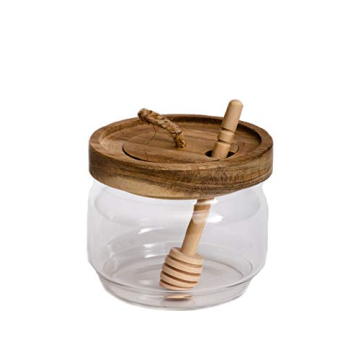 Modern Honey Jar Pot with Wood Lid and Dipper - 9 Oz