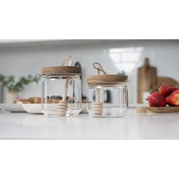 Modern Honey Jar Pot with Wood Lid and Dipper - 9 Oz