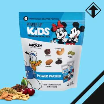 Power Up Kids Mickey & Friends Power Packed Trail Mix By Gourmet Nut - Cherries,Whole Cashews,Sliced Almonds,Raisins & Pumpkin Seeds - Gluten Free, Non GMO - 1.2oz Individually Wrapped Pouches (6 Pk)