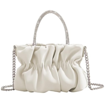 MOMOJULI Women Evening Purse Handbags Rhinestone Handle Soft Leather Ruched Bag Bridal Clutch Weddin...
