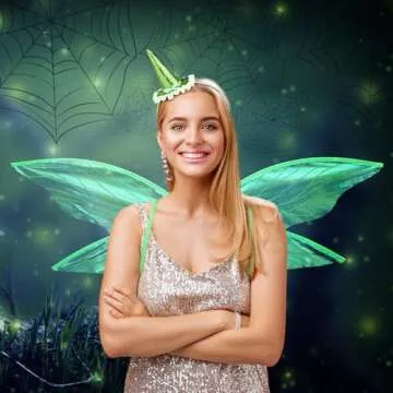 WinnerWhy 2 Pcs Fairy Costume Green Fairy Wings Headband Set Women Girls Dress up Angel Cosplay for Halloween Accessory