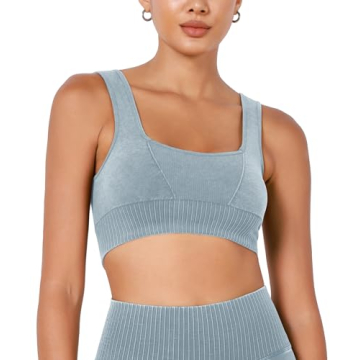 ODODOS Seamless Square Neck Sports Bra for Women Ribbed Crop Tank Casual Low Back Cropped Tops, Ston...