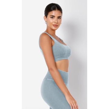 ODODOS Seamless Square Neck Sports Bra for Women Ribbed Crop Tank Casual Low Back Cropped Tops, Stone Washing Coast line, X-Small/Small