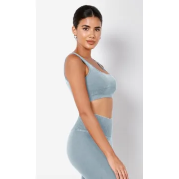 ODODOS Seamless Square Neck Sports Bra for Women Ribbed Crop Tank Casual Low Back Cropped Tops, Stone Washing Coast line, X-Small/Small
