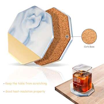 Coasters for Drinks, TUTUWEN Ceramic Adiabatic Stone Drink Coaster(6 Pcs) Marble Pattern Gold-Plated with Non-Slip Cork Base [Non-Absorbent], Elegant Kitchen House Decor and Housewarming Xmas Gift