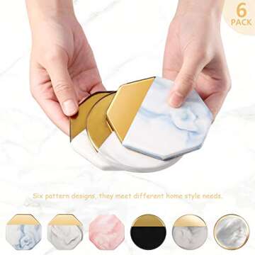 Coasters for Drinks, TUTUWEN Ceramic Adiabatic Stone Drink Coaster(6 Pcs) Marble Pattern Gold-Plated with Non-Slip Cork Base [Non-Absorbent], Elegant Kitchen House Decor and Housewarming Xmas Gift