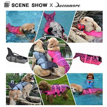 Queenmore Dog Life Jacket Ripstop Shark Dog Safety Vest Adjustable Preserver with High Buoyancy and ...