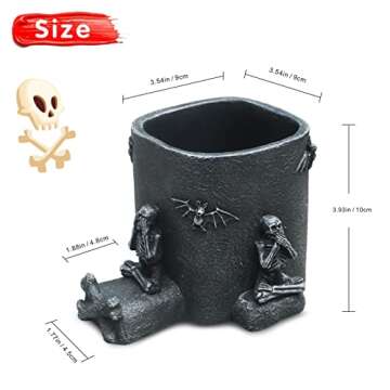 Idefair Goth Skeleton Pen Pencil Holder with Phone Stand Cute Black Sugar Skull Home Office Decor De...