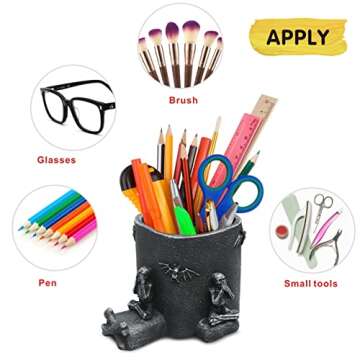 Idefair Goth Skeleton Pen Pencil Holder with Phone Stand Cute Black Sugar Skull Home Office Decor Desk Organizers Gothic Makeup Brush Storage Decorations Accessories Cool Christmas Gifts for Dad Men