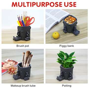 Idefair Goth Skeleton Pen Pencil Holder with Phone Stand Cute Black Sugar Skull Home Office Decor Desk Organizers Gothic Makeup Brush Storage Decorations Accessories Cool Christmas Gifts for Dad Men