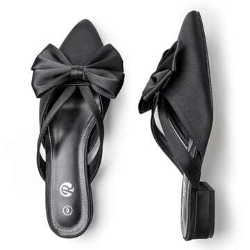 Rekayla Black Mules for Woman Pointed Toe Black Flats Bow Knot Closed Toe Womens Mules Comfortable Women Dress Shoes Silky Mule Low Heels Slip on Backless Loafer for Casual Work Office Summer Size 7