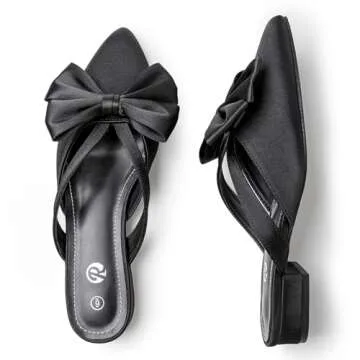 Rekayla Black Mules for Woman Pointed Toe Black Flats Bow Knot Closed Toe Womens Mules Comfortable Women Dress Shoes Silky Mule Low Heels Slip on Backless Loafer for Casual Work Office Summer Size 7