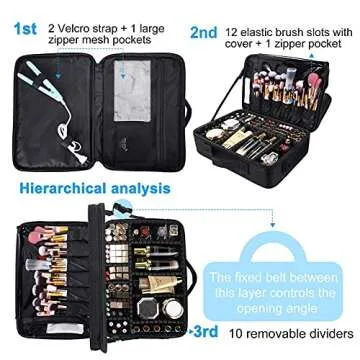 JOURMON Makeup Case Travel Makeup Train Case Organizer Cosmetic Bag Portable with Adjustable Dividers and Shoulder Strap for Makeup Brushes Toiletry Travel Accessories(Pure Black, L)