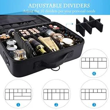 JOURMON Makeup Case Travel Makeup Train Case Organizer Cosmetic Bag Portable with Adjustable Dividers and Shoulder Strap for Makeup Brushes Toiletry Travel Accessories(Pure Black, L)