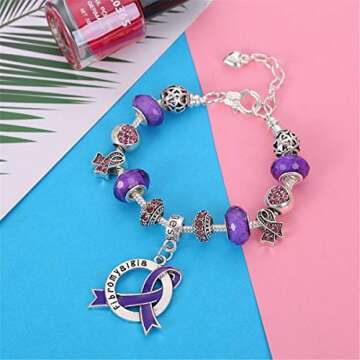 Fibromyalgia Awareness Luxury Charm Bracelet in Gift Box Purple Sterling Silver Plated