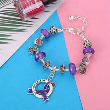 Fibromyalgia Awareness Luxury Charm Bracelet in Gift Box Purple Sterling Silver Plated