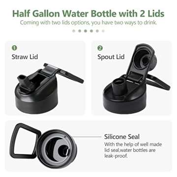 BLUEGO 64oz Glass Water Bottles with 2 Lids Half Gallon Water Bottle with Straw 2 Liter Large Water Bottle with Time Ounce Markings Silicone Sleeve Water Jug for Gym, Home, Office, BPA-free,Olive